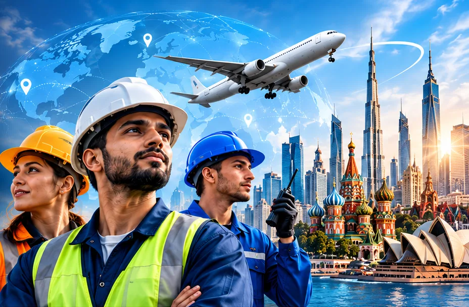 Marsevo International — workers in hard hats in front of world landmarks and a plane